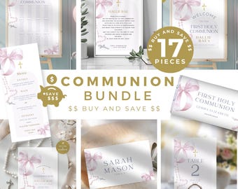 First Holy Communion Invitation BUNDLE Girl, Pink Bow Theme, Chocolate Wrapper, Welcome & Seating Sign, Prayer and Favor Sign, Thank You Tag