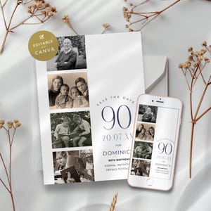 90th Save the Date Invitation, Photobooth Design, Multi Photo Editable Digital Template for Men and Women, Customizable Photo Party Invite