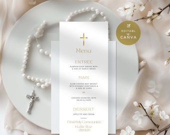 Menu for First Communion, Minimal Baptism or Christening Dinner Template for girls or boys, Confirmation Table Menu, Editable White & Gold