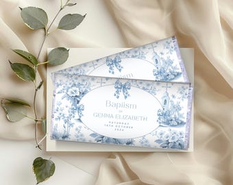 Toile Chocolate Bar Wrapper Baptism, Blue Watercolor Candy Wrapper Boy, Hershey Template, INSTANT DOWNLOAD, Printable & Editable Favors