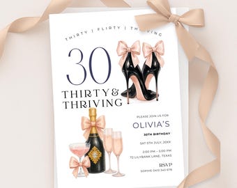 30th Birthday Invitation, Thirty & Thriving, Pink Champagne and Black Heels, Editable Template, Printable Invite, Instant Digital Download