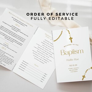 May include: A white order of service booklet for a baptism ceremony. The front cover features a gold cross and rosary beads with the text "Welcome to the Baptism" and the name "Hallie Rae". The back cover has a list of hymns and the text "Baptism Order of Service".