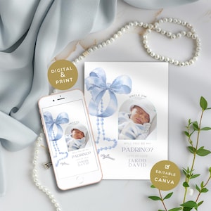 Will You Be My Padrino Godfather Proposal in Spanish,  Blue Bow Design for Boy or Girl, Editable Digital Invitation, Printable & Electronic