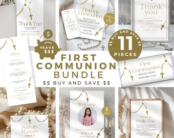 First Holy Communion Invitation BUNDLE, Phone E Invite Boy or Girl, Chocolate Wrapper, Welcome Board  & Prayer Sign, Thank you Tag