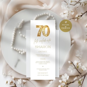 70th Birthday Dinner Menu, Elegant Gold Theme, Editable Template for Men or Women, Perfect for Parties, Customizable & Printable