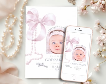 Will You Be My Godparents Proposal Card, Pink Bow Godparent Note for Girls Baptism, Personalised, Editable & Printable, Digital, Electronic