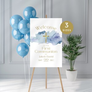 First Communion Welcome Sign Boy, Navy and Gold Decoration Signs for 1st Holy Communions, Editable and Printable Poster Template,