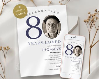 Może przedstawiać: Biała karta zaproszenia z niebieską liczbą 80 i tekstem "Celebrating 80 Years Loved" i "Please join us for Thomas's 80th Birthday". Zaproszenie zawiera czarno-białe zdjęcie mężczyzny. Zaproszenie zawiera również datę, godzinę i miejsce wydarzenia. Zaproszenie zostało zaprojektowane do edycji za pomocą Canva.