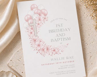 Baptism and First Birthday Invitation, Girls Pink Floral Cross & Balloons, Christening Invite Template, Editable 1st or 2nd Birthday Invite