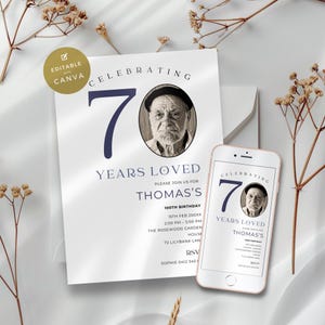 70th Birthday Mens Invitation by Text, Minimal Invite with Photo for Him, Digital 70 Years Loved Celebration for Women, Editable & Printable