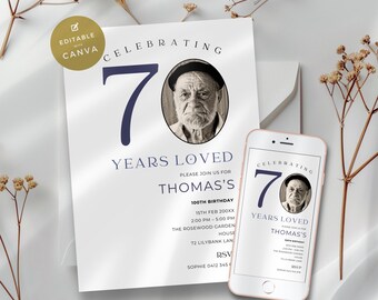 70th Birthday Mens Invitation by Text, Minimal Invite with Photo for Him, Digital 70 Years Loved Celebration for Women, Editable & Printable
