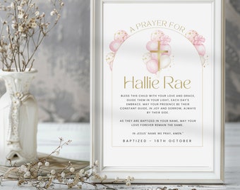 Baptism Prayer Sign Girl, 1st Birthday Decor, Pink Balloons, Christening Blessing, Printable & Editable , Digtal Personalized Sign