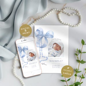 Will You Be My Madrina Godmother Proposal in Spanish, Blue Bow Design for Boy or Girl, Editable Digital Invitation, Printable & Electronic