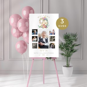 90th Birthday Photo Sign for Her, Editable Floral Welcome Poster with Pictures, Custom Printable Party Decor, Collage Sign for Woman