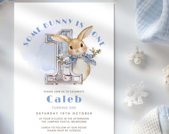 Some Bunny Is One, Boy,  Blue 1st Birthday Invite with Balloons and Rabbit, Printable & Editable E Invitation for Smartphone, Text Email
