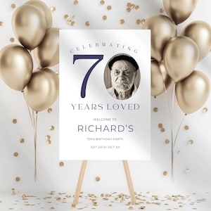 70 Years Loved Welcome Sign, Minimal 70th Birthday Board with Pictures, Customizable Party Decor Men or Woman, Printable & Editable Poster