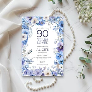 90 Years Loved Birthday Invitation with Purple & Blue Flowers, 90th Digital Floral Invite for her, Customizable, Editable and Printable