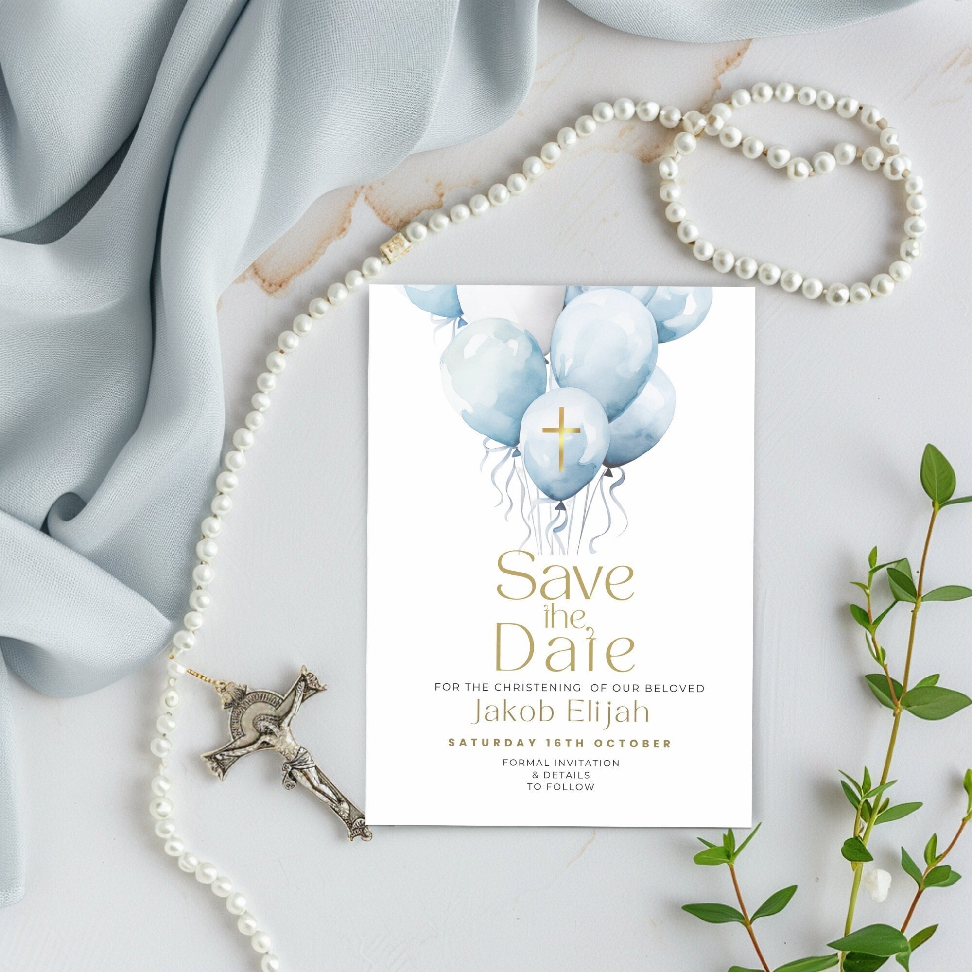 Christening Save the Date Invitation, Modern Blue Balloon Invite for