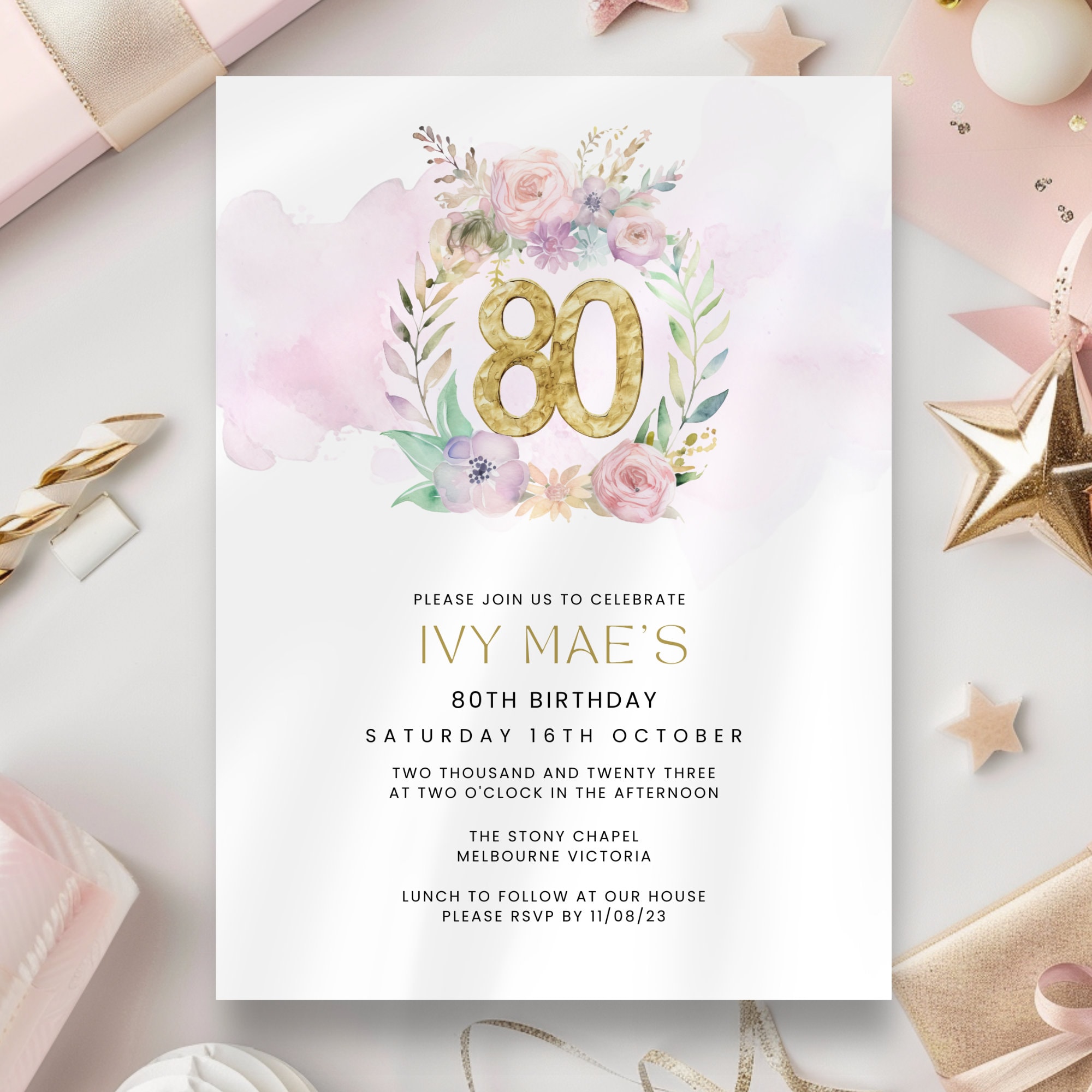 Floral 80th Birthday Invitation, Female Eightieth Pink & Gold Dinner ...