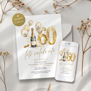 60th Birthday Invitation, 60 Years Glam & Fabulous, Champagne Party Invite, Editable, Printable, Look Whos 60 Digital Electronic Template