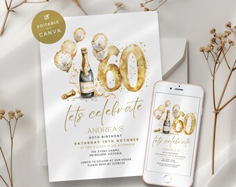 60th Birthday Invitation, 60 Years Glam & Fabulous, Champagne Party Invite, Editable, Printable, Look Whos 60 Digital Electronic Template