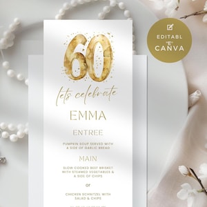 60th Birthday Dinner Menu, Elegant Gold Theme, Editable Template for Men or Women, Perfect for Parties, Customizable & Printable