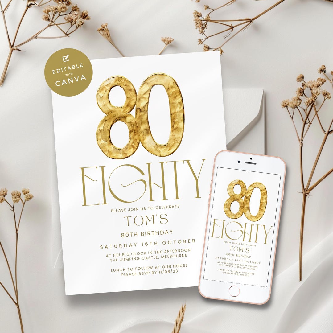 80th Birthday Invitation Digital, Modern Gold & White Minimalist Eighty ...