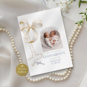 Will You Be My Godparents Card, Neutral Gold Bow Design, Twins or Triplets, Boys & Girls Baptism Proposal, Editable and Printable, Digital