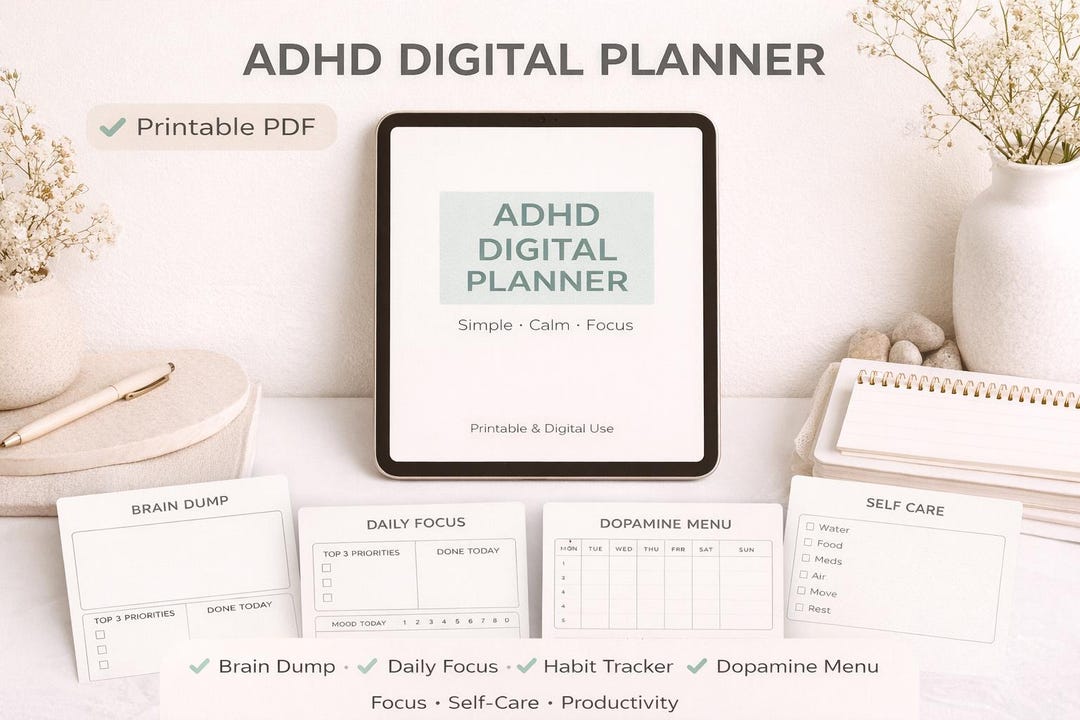 ADHD Digital Planner Printable PDF Brain Dump Daily Focus Dopamine ...