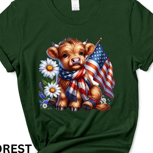 4th Of July Highland Cow Shirt American Flag T Shirt Oh My Stars Cow Shirt Western Fourth Of July Shirts Boho Floral USA Country Cow T-Shirt