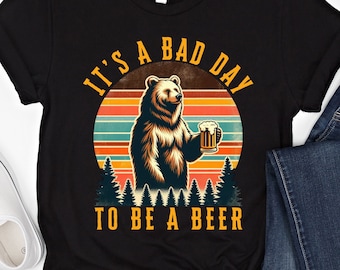 Funny Bear Drinking Beer T-Shirt: Retro Sunset Graphic Tee