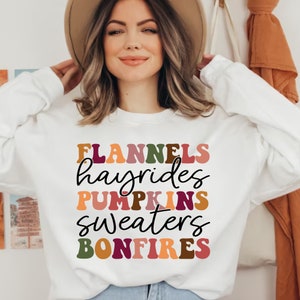 Flannels Pumpkins Hayrides Sweaters Bonfires Crewneck Sweatshirt Women&#39;s Fall Shirt Retro Boho Fall Season Hoodie Autumn Season Sweatshirt