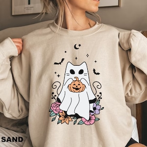 Bluza z nadrukiem Ghost Cat na Halloween: okrągły dekolt z motywem dyni w stylu retro kwiatowym