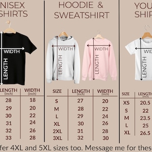 Puede incluir: Tabla de tallas para camisetas unisex, sudaderas con capucha y sudaderas, y camisetas para j&oacute;venes. La tabla muestra la longitud y el ancho en pulgadas para cada talla.