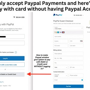 Puede incluir: Capturas de pantalla que muestran c&oacute;mo pagar con una tarjeta de d&eacute;bito o cr&eacute;dito a trav&eacute;s de PayPal sin tener una cuenta de PayPal. El texto explica c&oacute;mo usar la opci&oacute;n "Pagar con tarjeta de d&eacute;bito o cr&eacute;dito", ya que el vendedor solo acepta PayPal.