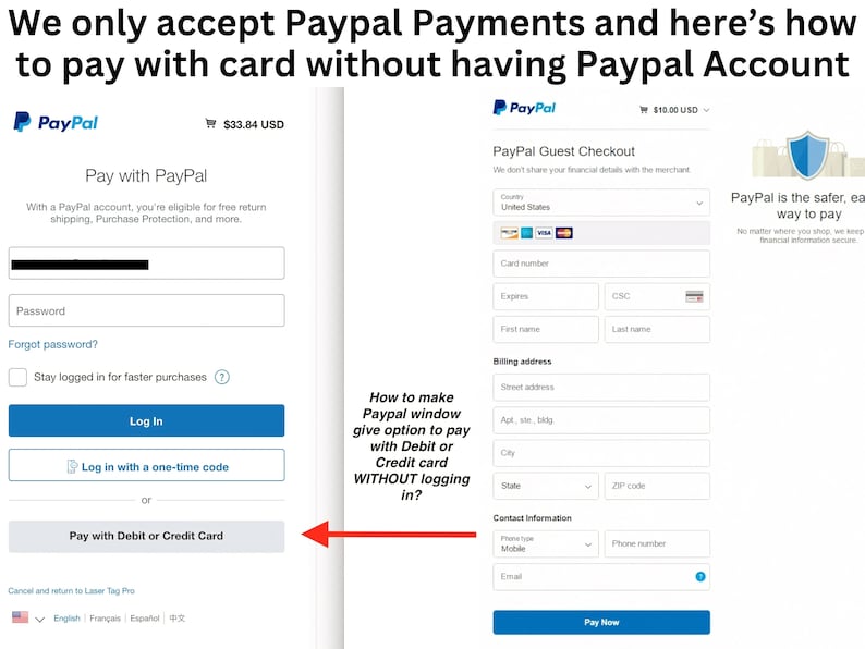 Puede incluir: Capturas de pantalla que muestran c&oacute;mo pagar con una tarjeta de d&eacute;bito o cr&eacute;dito a trav&eacute;s de PayPal sin tener una cuenta de PayPal. El texto explica c&oacute;mo usar la opci&oacute;n "Pagar con tarjeta de d&eacute;bito o cr&eacute;dito", ya que el vendedor solo acepta PayPal.