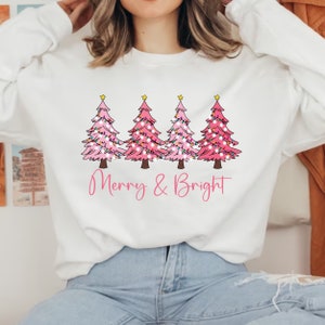 Pink Christmas Crewneck Sweatshirt Pink Christmas Tree Sweatshirt Merry And Bright Sweater Pink Christmas Shirt Pink Tree Christmas Hoodie