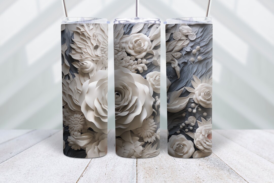 AI Generated Art, Sculptured White Rose Tumbler Art Design Wrap Etsy