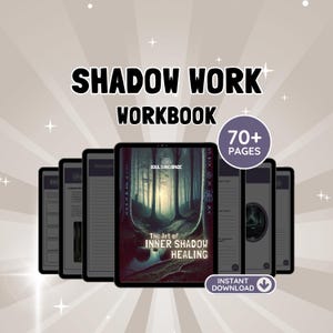 May include: A digital Shadow Work Workbook featuring 70+ pages and an instant download option. The cover displays a forest scene with the text The Art of Inner Shadow Healing and Soul Swing Space. Multiple interior page layouts are visible.