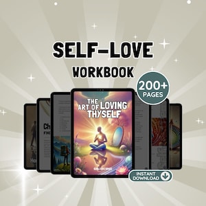 May include: A digital self-love workbook featuring a central tablet display with the title The Art of Loving Thyself, showing a person meditating in a landscape. The workbook includes over 200 pages, indicated by a circular badge, and an instant download icon.