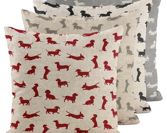 Cushion Cover 14 Sizes Dachshund Dogs 4 Colours Cotton Rich Linen Mix Handmade Sausage