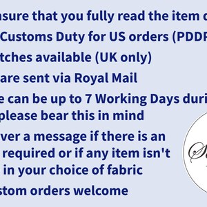 a list of instructions for a business, including details about their customs duty, free swatches, and communication methods. The text is written in a clear and concise manner, and the image is not a collage of multiple images. The instructions are straightforward and focused on the business's operations.