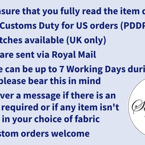 a list of instructions for a business, including details about their customs duty, free swatches, and communication methods. The text is written in a clear and concise manner, and the image is not a collage of multiple images. The instructions are straightforward and focused on the business's operations.