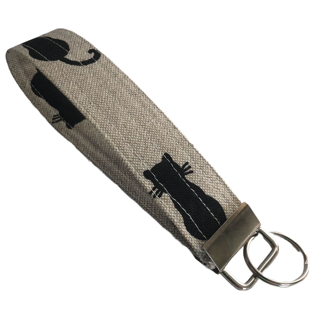 Quilted Key Fob Wristlet 2 Sizes Black Cats Silhouette Linen Handmade