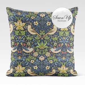 Outdoor Kissenbezug 29 Größen William Morris Erdbeerdieb Navy Handgemacht Natur Blatt Geschenk Wasserdicht Wintergarten Vögel