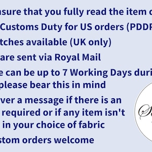 a list of instructions for a business, including details about their customs duty, free swatches, and communication methods. The text is written in a clear and concise manner, and the image is not a collage of multiple images. The instructions are straightforward and focused on the business's operations.