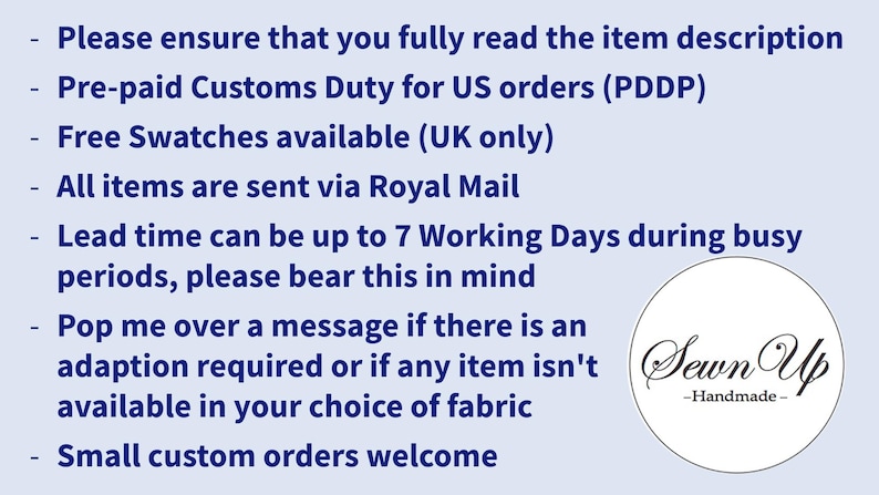 a list of instructions for a business, including details about their customs duty, free swatches, and communication methods. The text is written in a clear and concise manner, and the image is not a collage of multiple images. The instructions are straightforward and focused on the business's operations.