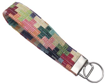 Quilted Key Fob Wristlet 2 Sizes Puzzle Handmade keyfob keyring Gift Strong
