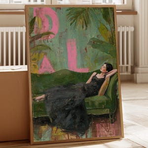 Wohnzimmer Kunstwerk modern | Vintage Boho Poster Bild | Grüner Sofa Look Frau Design | Farbenfrohe Retro Kunstdrucke Deko Flur Schlafzimmer