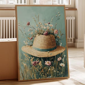 Poster Fiori di campo astratti | Arte del cappello di paglia | Decorazione murale estiva romantica | Poster Cottagecore | Immagini in stile country | Fiori per decorare la casa di campagna